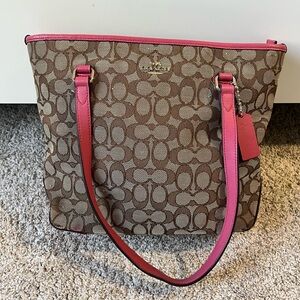 Coach Signature Canvas Zip-Top Tote with Pink Leather Trim K1857–F58282